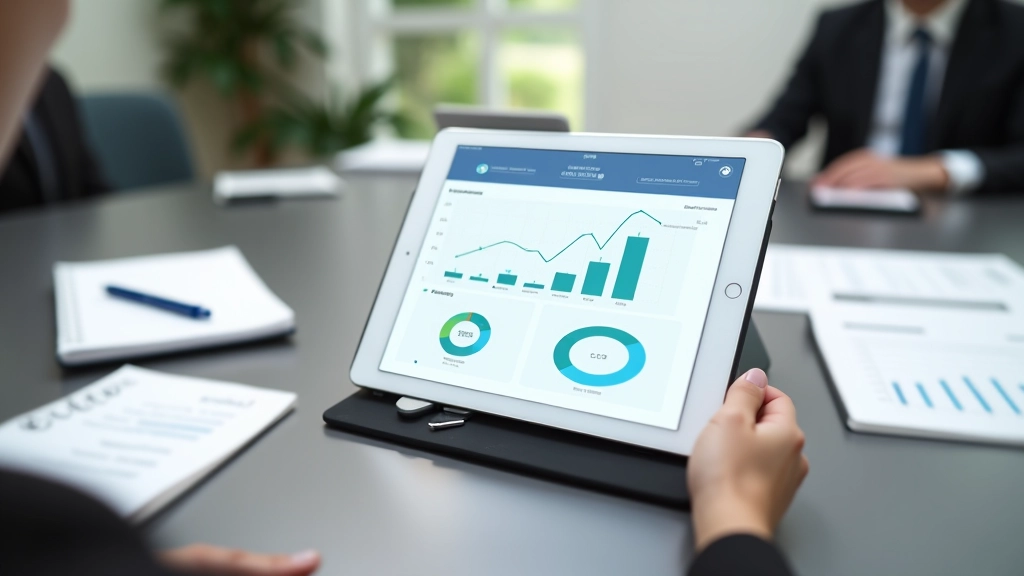 Tablette numérique affichant des graphiques d'analyse financière sur une table de réunion