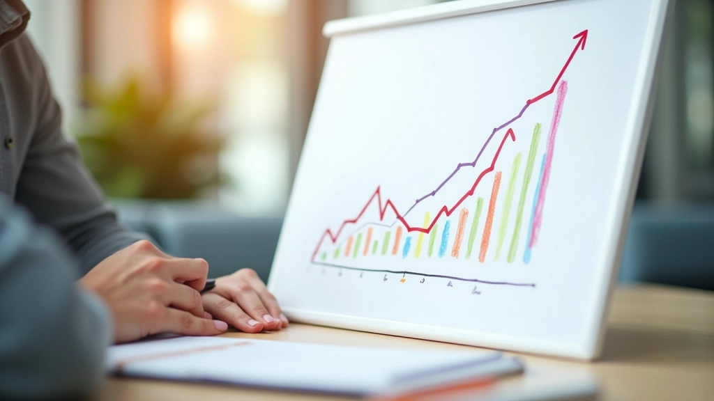 Graphique de croissance financière sur un tableau blanc avec marqueurs colorés et notes manuscrites