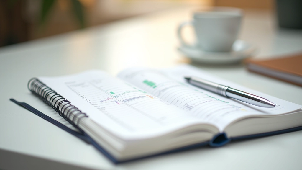 Cahier ouvert avec tableaux de budgetisation et stylo sur un bureau minimaliste