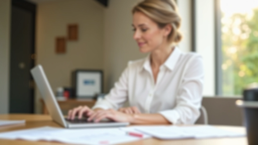 Personne travaillant sur un ordinateur portable avec des documents financiers éparpillés sur un bureau en bois clair