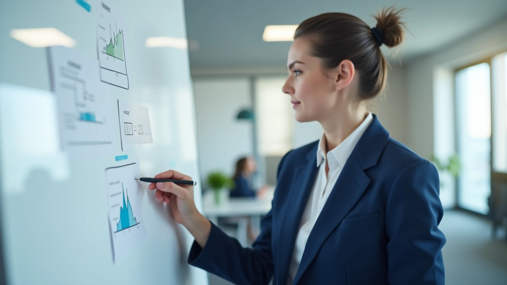 Femme professionnelle tenant un stylo, réfléchissant devant un tableau blanc avec diagrammes de stratégie, environnement de bureau moderne