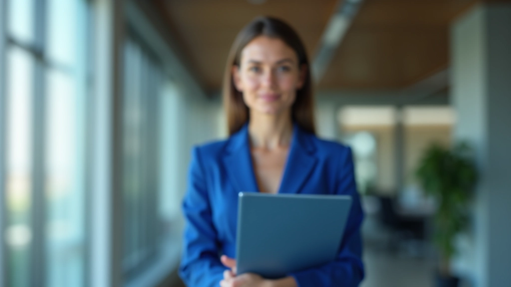 Personne en blazer bleu tenant un dossier de documents financiers dans un bureau moderne